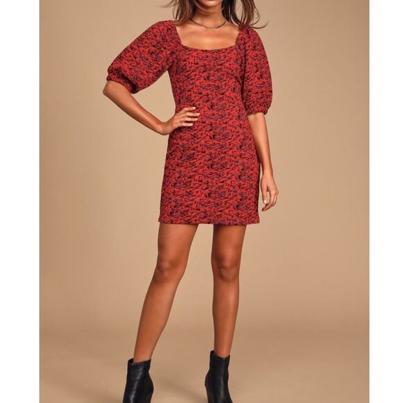 NWT Free People Sunset Red Multi Print Puff Sleeve Bodycon Mini Dress - Picture 8 of 8